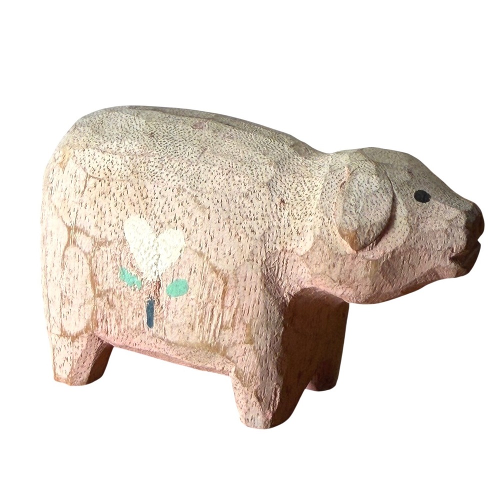 Vintage Hand Carved Wooden Pig Figurine Folk Art Pink Primitive Farmhouse Decor